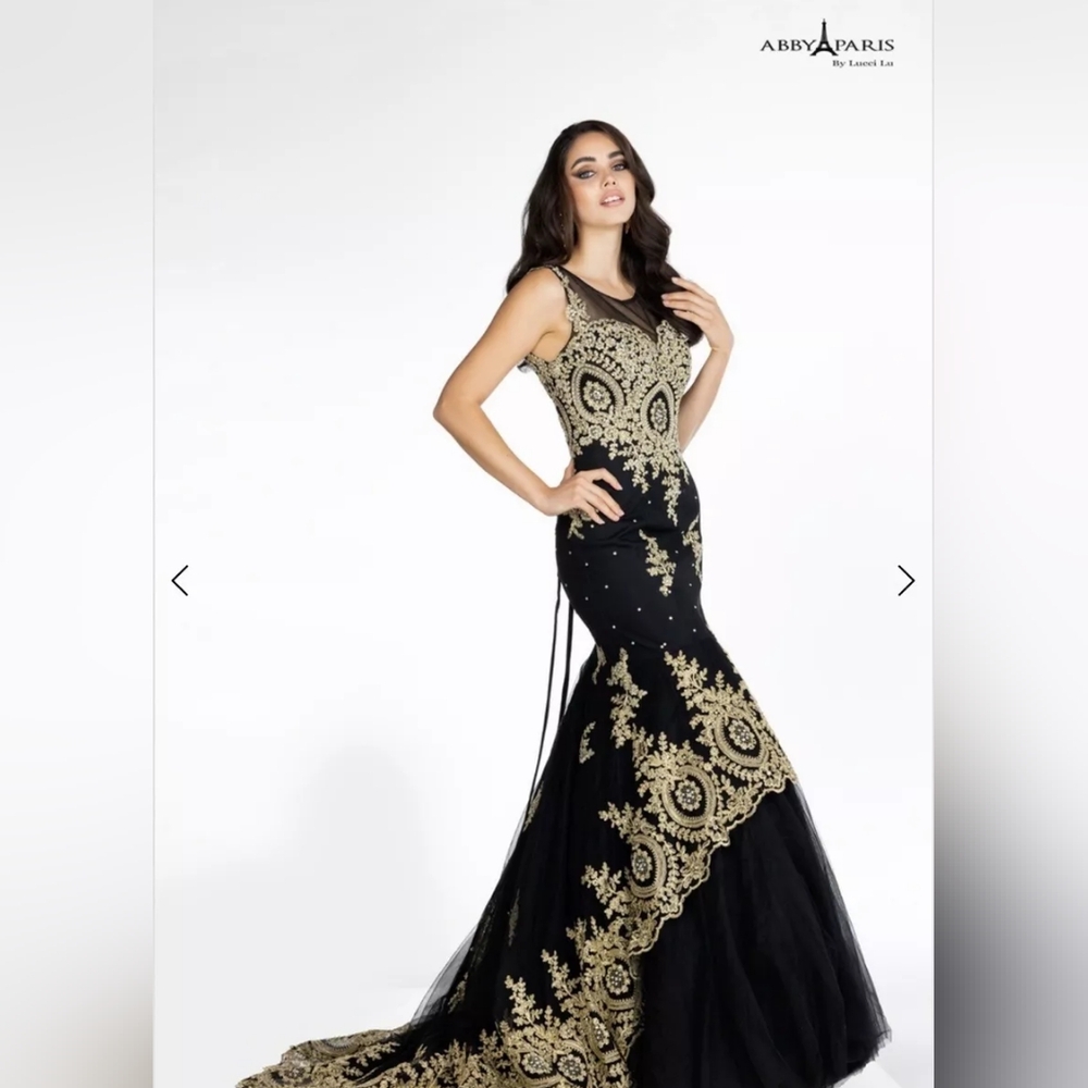 Black and Gold Embroidered Sheer Bodice Mermaid Gown
